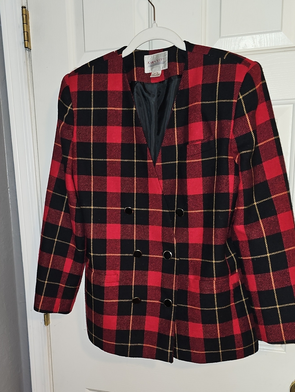 Karen Scott Red Black Plaid Double-Breasted Blazer with Gold Trim